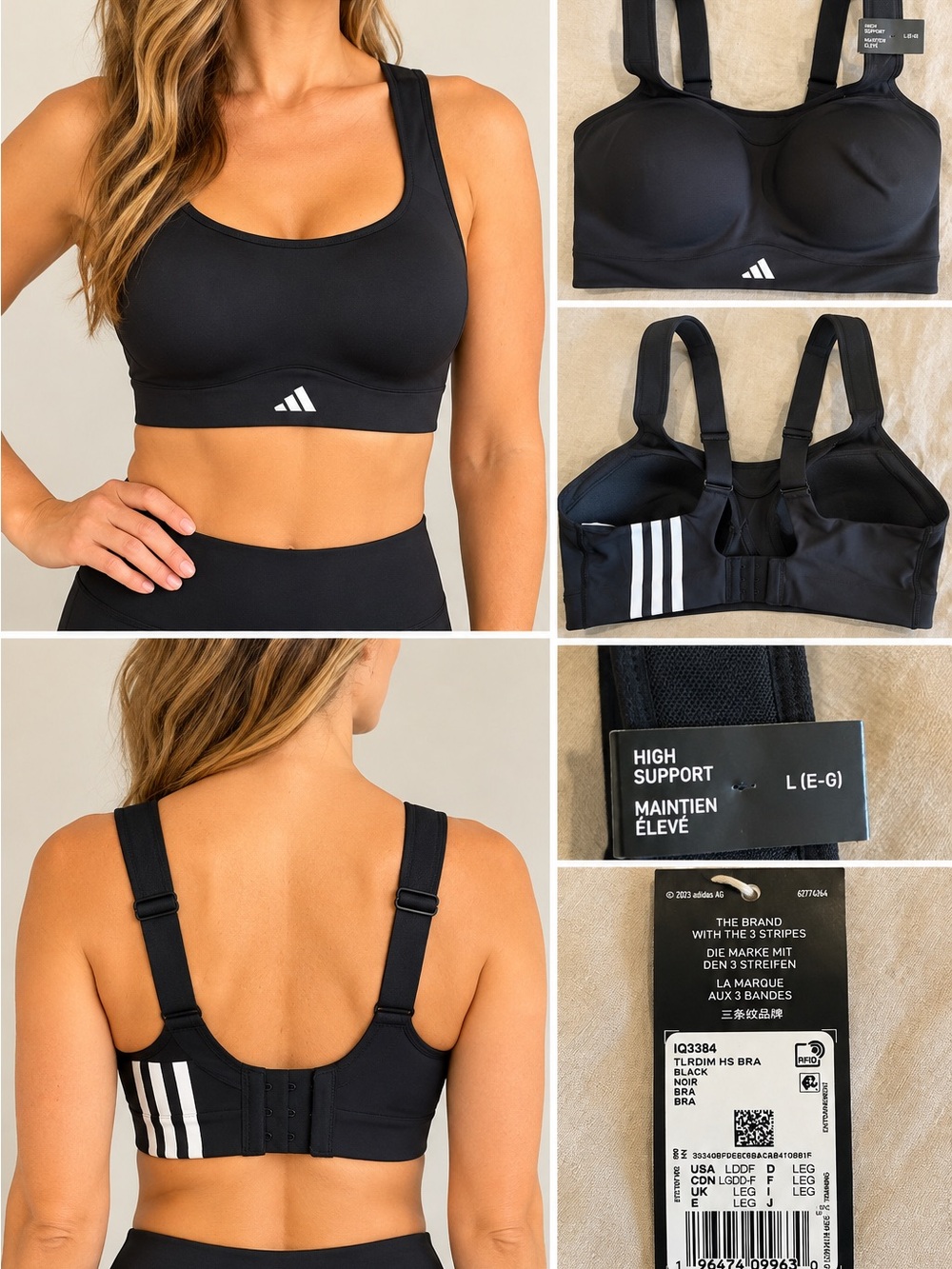 adidas Black High-Support Sports Bra with White Three-Stripes